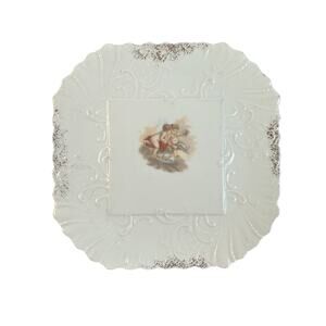 Vintage Carlsbad BFHS Austria Cherub Plate White Embossed Square Porcelain